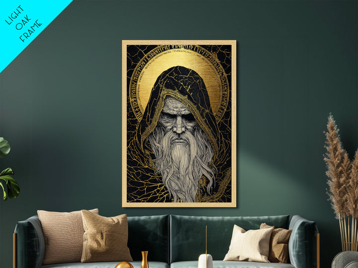 Norse God Odin Metallic Gold Art, Viking Mythology Metal Art in natural wood frame, powerful Nordic wall art for office or man cave