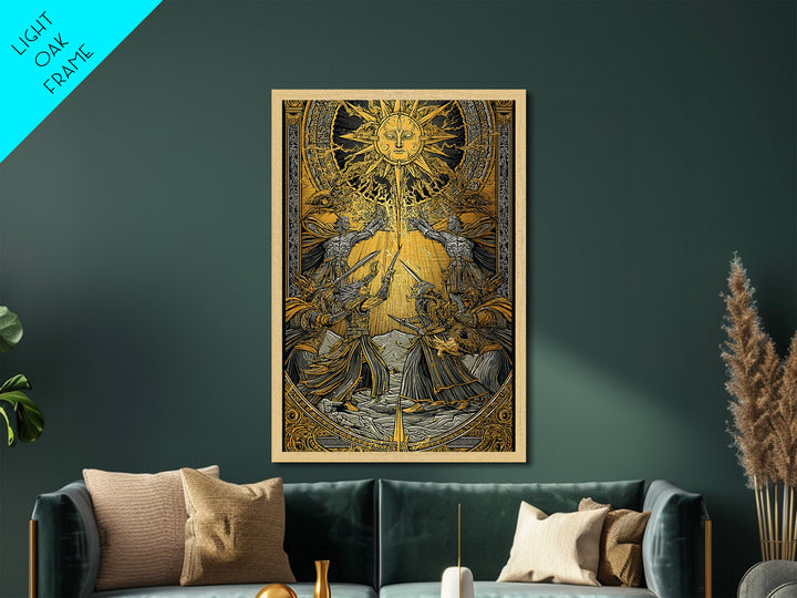 Ragnarök Battle Metallic Gold Art, Viking Apocalypse Norse Myth Metal Art in real wood frame, Nordic wall art for man cave or office