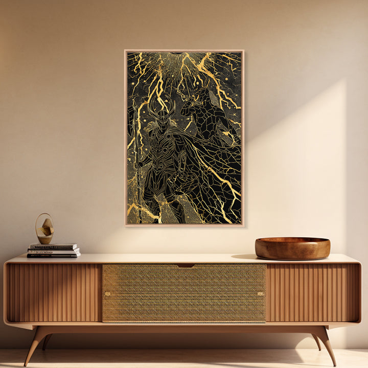 Ragnarok Norse Mythology Wall Decor, Canvas Gold Art and Canvas Art with Thor and Loki, Viking Battle Design framed in real wood