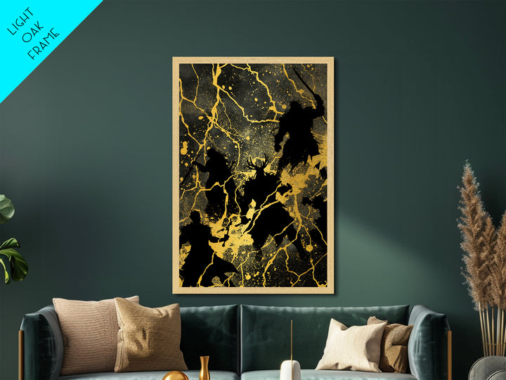 Epic Ragnarok Battle Scene Nordic Wall Art, Metallic Gold Art and Metal Art, Norse Gods Lightning Design with natural wood frame