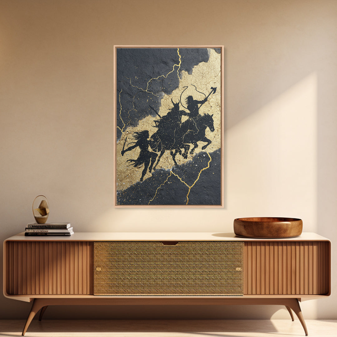 Valkyrie Ride Canvas Gold Art, Norse Mythology Warrior Women Canvas Art framed in natural wood, Viking man cave or office wall decor