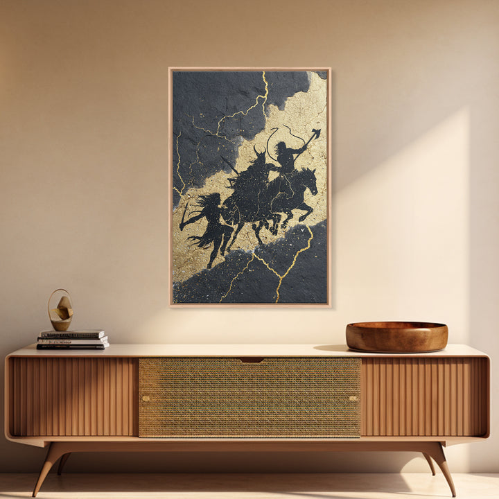 Valkyrie Ride Canvas Gold Art, Norse Mythology Warrior Women Canvas Art framed in natural wood, Viking man cave or office wall decor