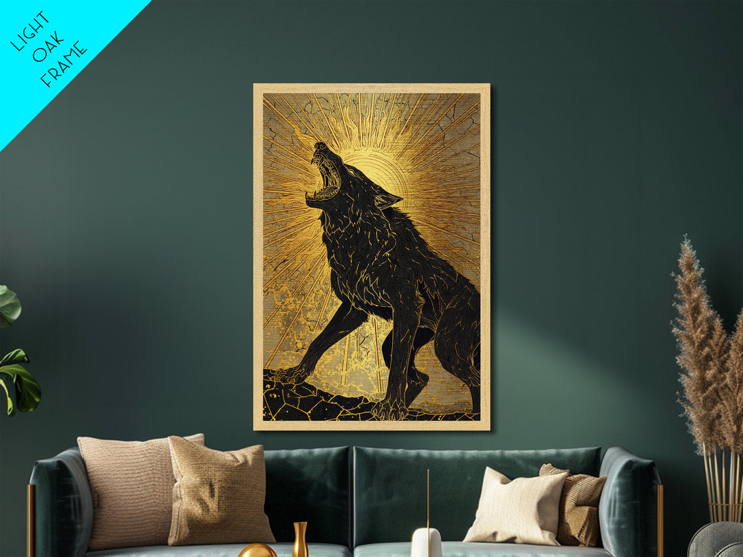 Nordic Fenrir Wolf Metal Art, Metallic Gold Art with Norse Mythology Sun Chaser Wolf, Man Cave Decor framed in authentic wood