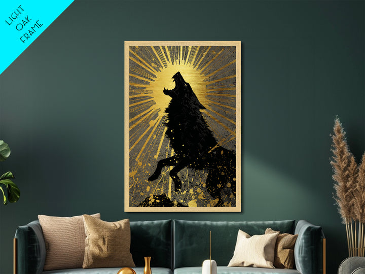 Fenrir Howling Wolf Metallic Gold Art, Norse Mythology Metal Art with Viking Wolf Symbolism, Office Wall Decor in real wood frame