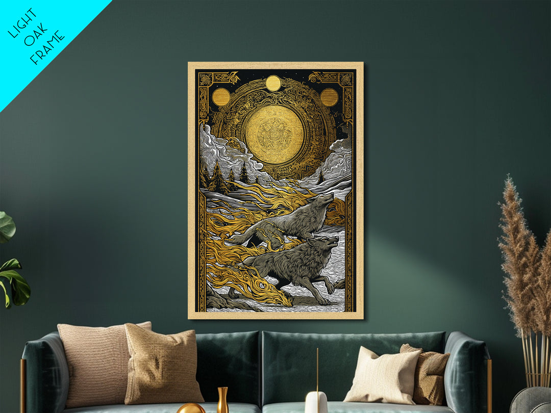 Sköll and Hati Wolves Norse Mythology Art, Metallic Gold Art and Metal Art, Viking Wolf Chasing Sun and Moon framed in wood