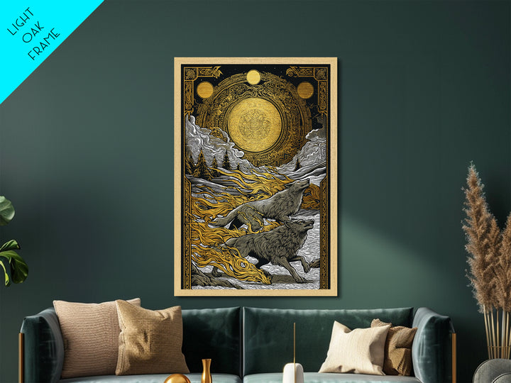 Sköll and Hati Wolves Norse Mythology Art, Metallic Gold Art and Metal Art, Viking Wolf Chasing Sun and Moon framed in wood