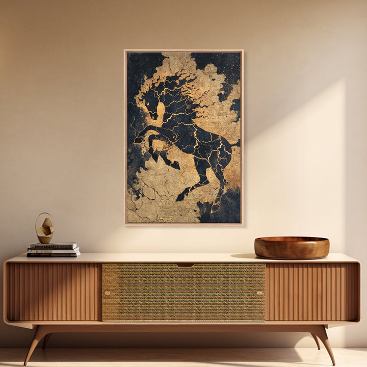 Nordic Sleipnir Horse Canvas Art, Canvas Gold Art featuring Odin’s Eight-Legged Horse, Norse Myth Wall Decor framed in natural wood
