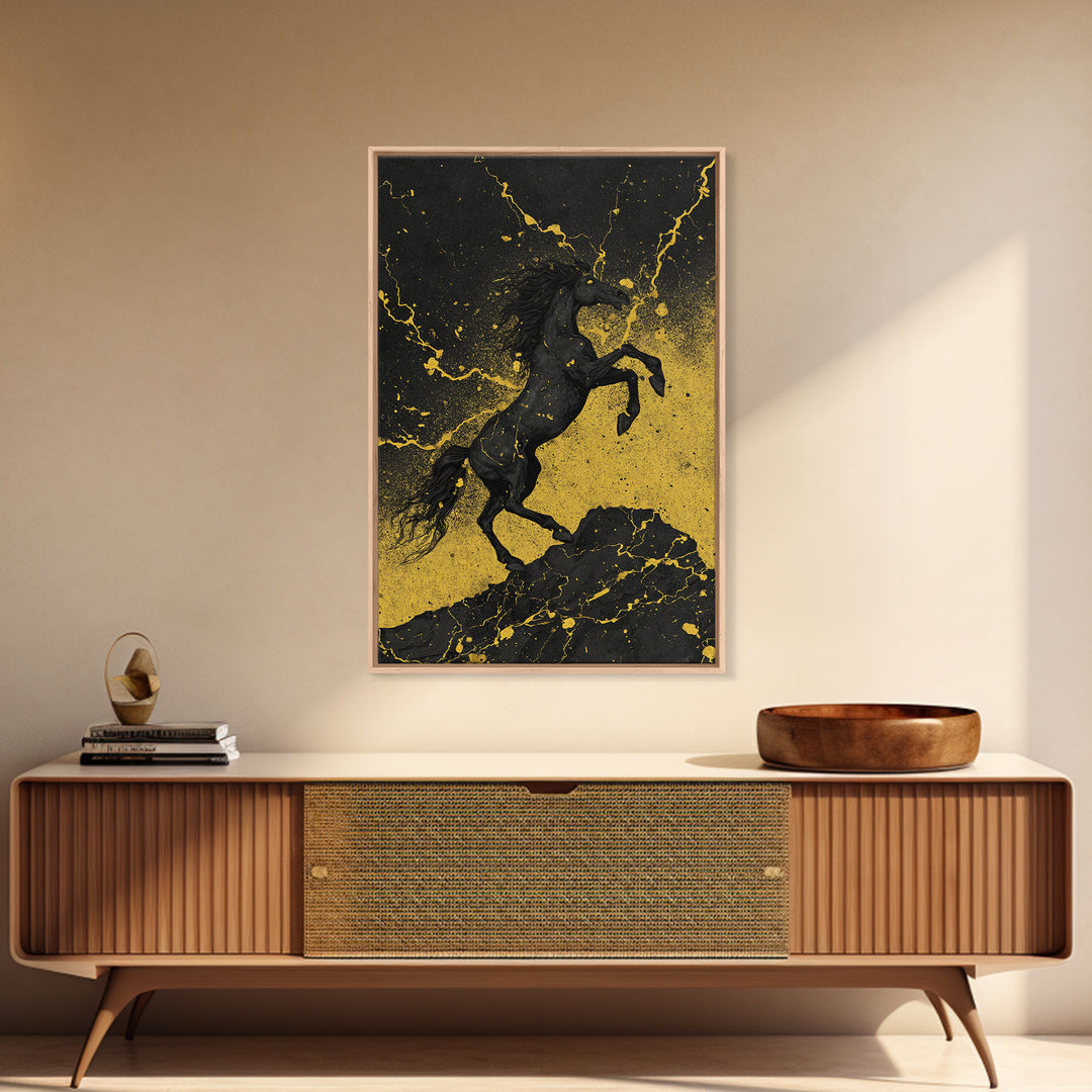 Viking Sleipnir Horse Norse Mythology Design, Canvas Gold Art and Canvas Art, Nordic Horse Symbolism Wall Decor in real wood frame