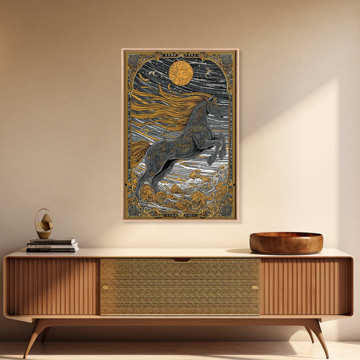 Sleipnir Norse Myth Horse Wall Decor, Canvas Gold Art and Canvas Art, Viking Equestrian Nordic Office Art framed in natural wood