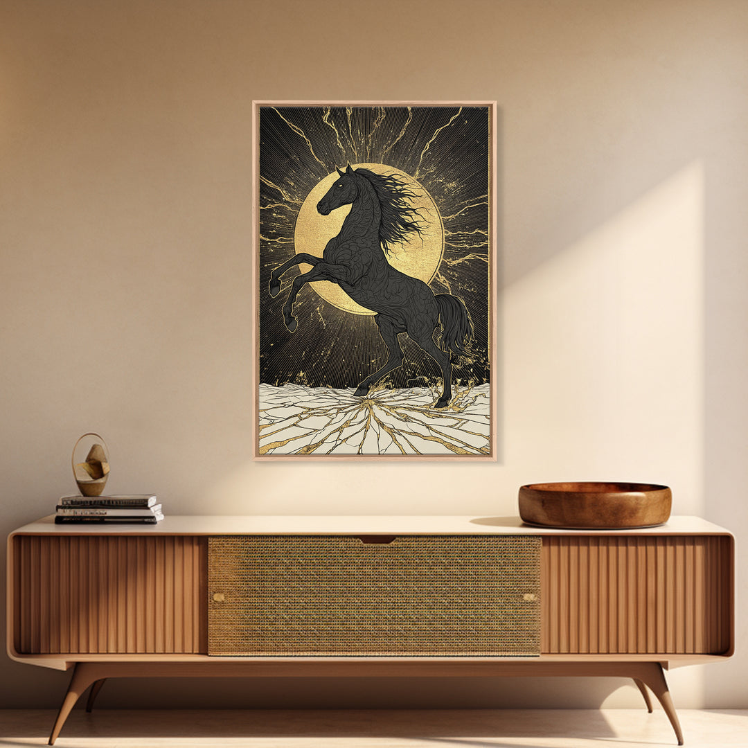 Sleipnir Norse Horse Canvas Gold Art Nordic Mythology Canvas Art for Office or Man Cave, framed in natural real wood