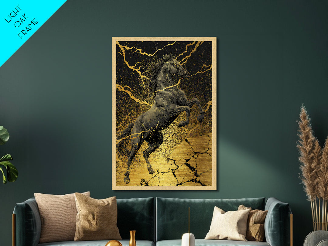 Nordic Sleipnir Horse of Odin Metal Art Metallic Gold Art Wall Decor Dad Gift Mythology Office Art with handcrafted wood frame