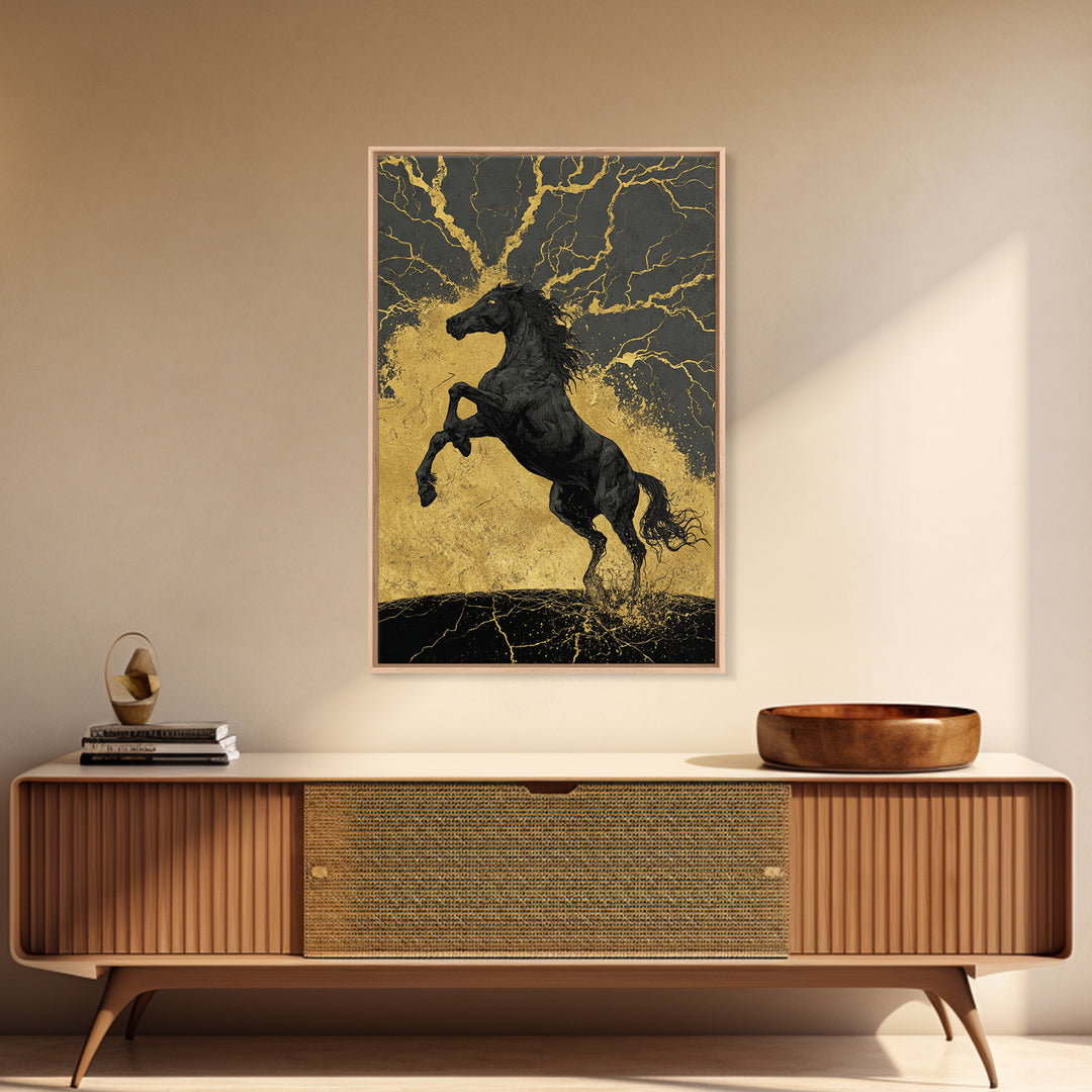 Canvas Gold Art Sleipnir Norse Horse Wall Print Canvas Art Nordic Decor Viking Office Art Man Cave framed in solid real wood
