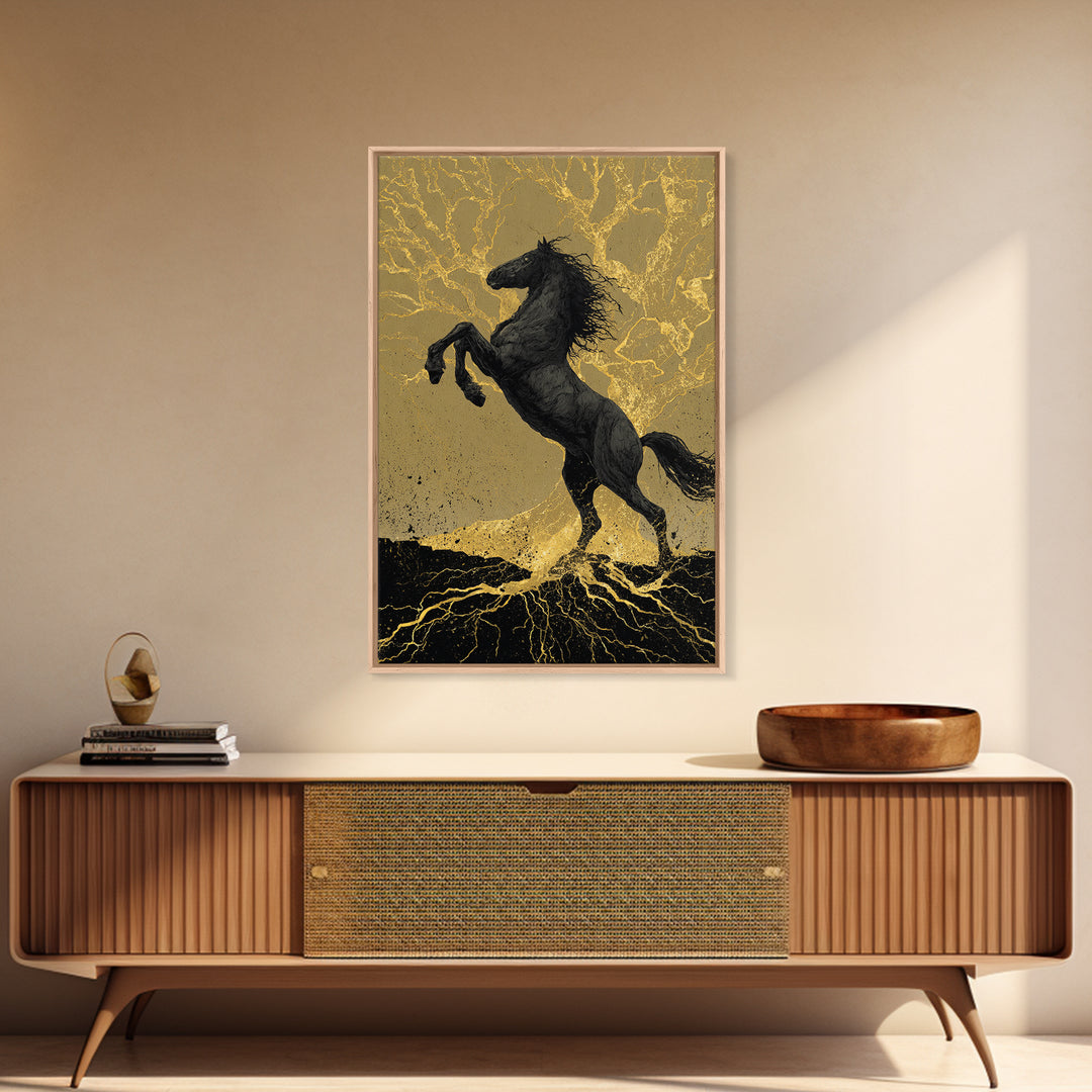 Odin’s Horse Sleipnir Canvas Art Canvas Gold Art Norse Mythology Wall Decor Man Cave Office Art with real wood handcrafted frame