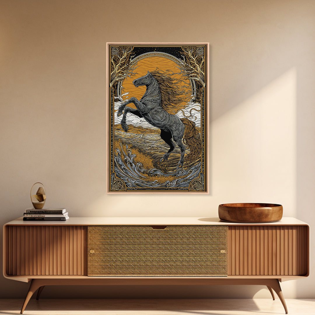 Canvas Gold Art Sleipnir Norse Mythology Horse Wall Canvas Art Nordic Viking Decor Dad Gift Office Art in rustic real wood frame