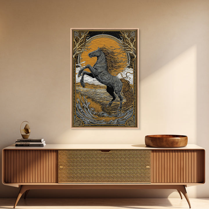 Canvas Gold Art Sleipnir Norse Mythology Horse Wall Canvas Art Nordic Viking Decor Dad Gift Office Art in rustic real wood frame