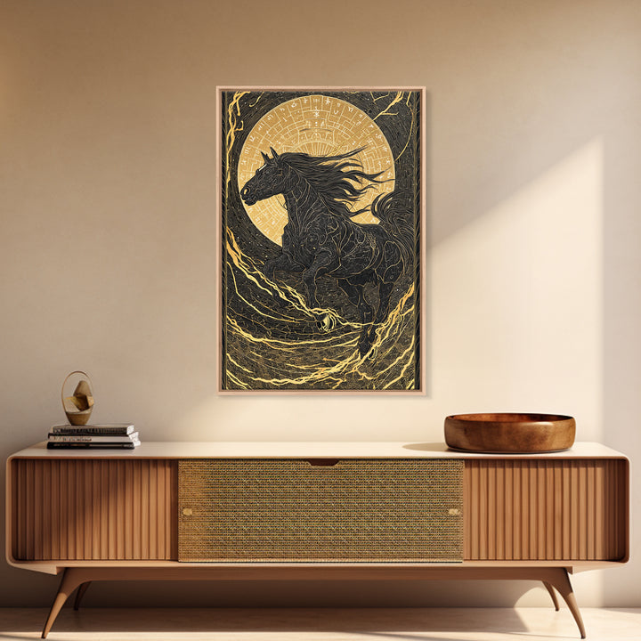 Sleipnir Odin’s Horse Norse Mythology Wall Decor, Canvas Gold Art and Canvas Art, Viking Horse Office Art framed in real wood