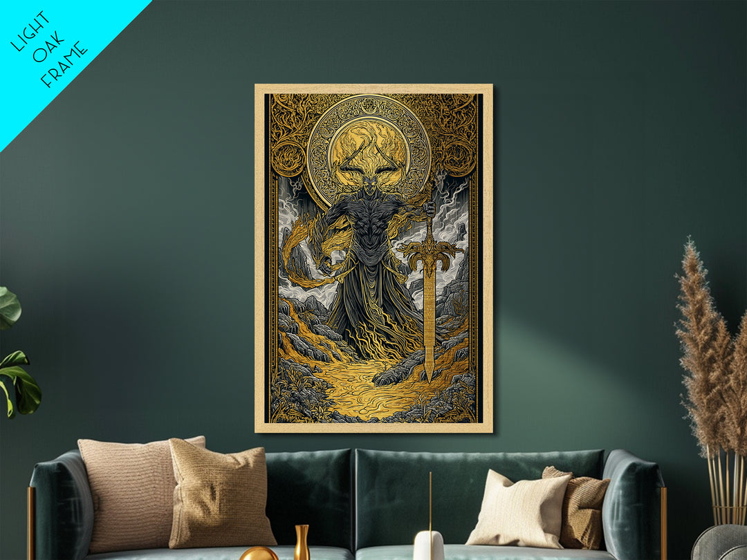 Surtur Fire Giant Norse Mythology Metallic Gold Art Viking Metal Art Dad Gift Office Wall Decor framed with natural real wood