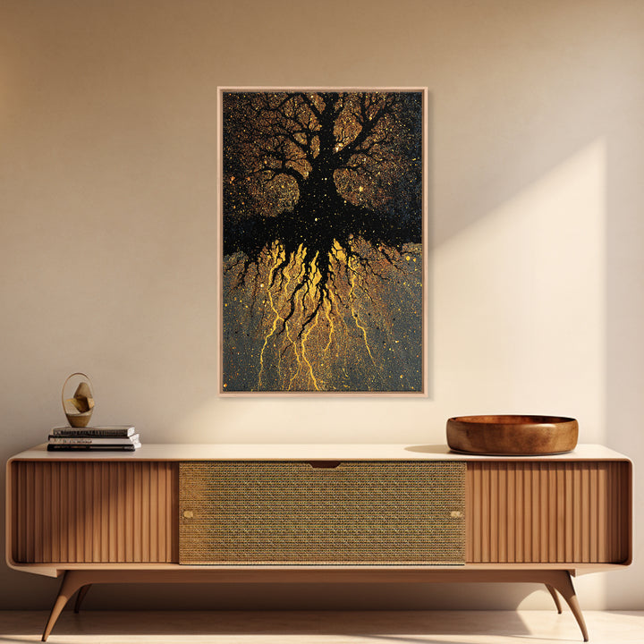 Golden World Tree Canvas Gold Art Canvas Art Norse Mythology Yggdrasil Design in natural wood frame, Office Art or Dad Gift