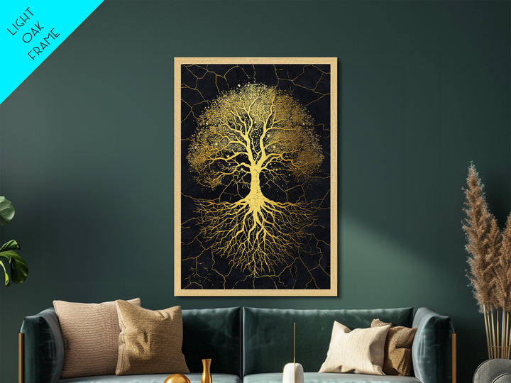 Norse Yggdrasil Tree Metallic Gold Art Metal Art Celestial Design with roots framed in real wood, Unique Office or Man Cave Art