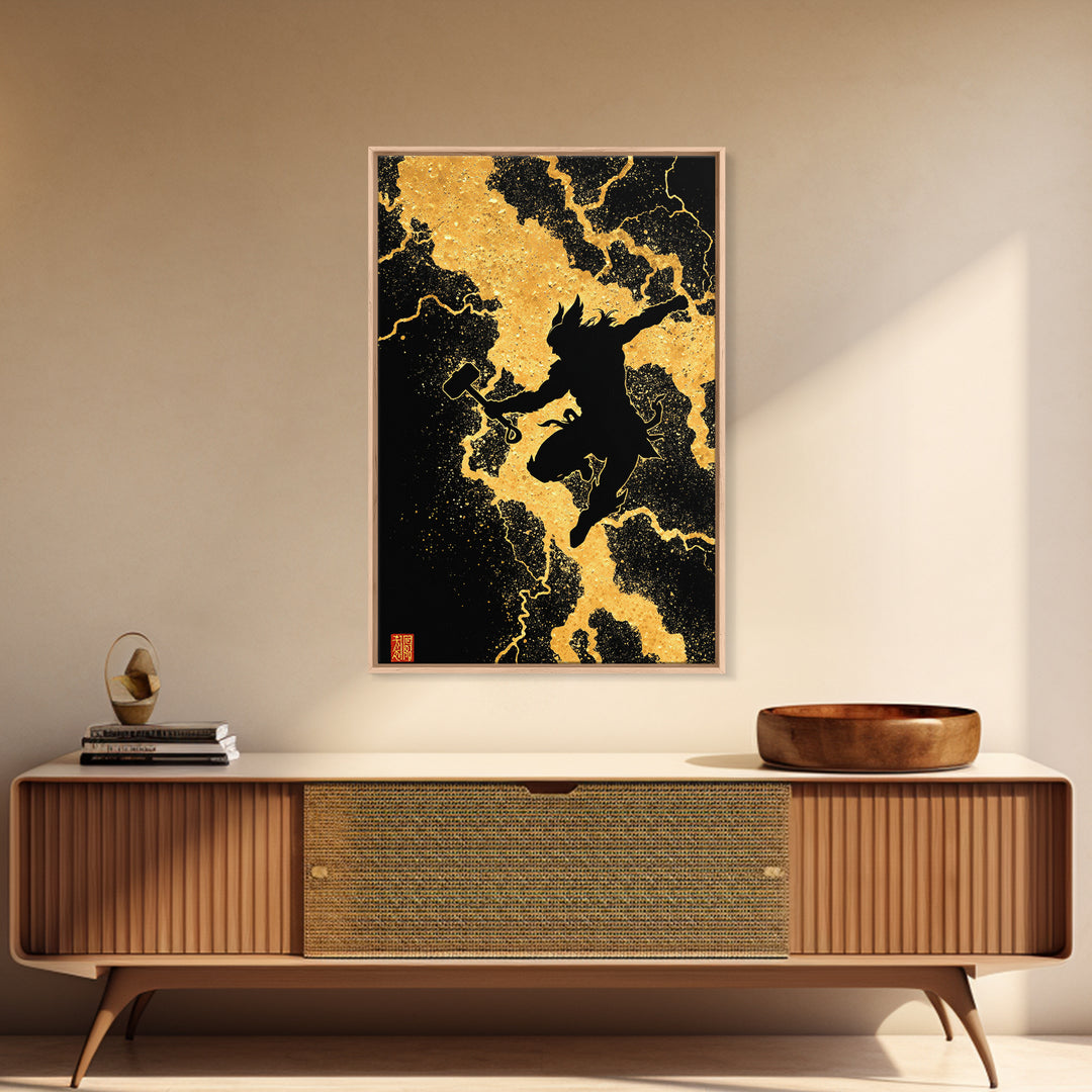 Silhouette Thor Jumping Canvas Gold Art Canvas Art Norse Viking God Wall Decor framed in natural wood, Office Art Dad Gift