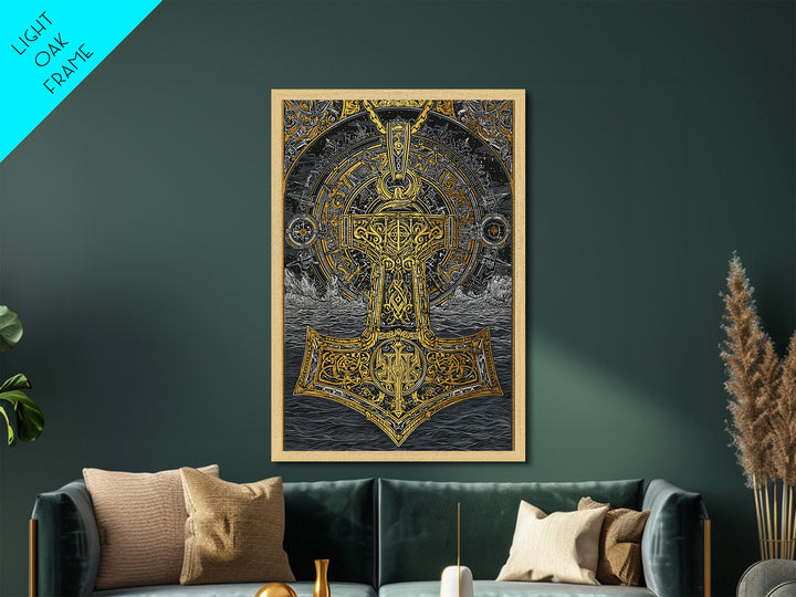 Viking Mjolnir Hammer Metallic Gold Art Metal Art Norse Mythology Thor Symbol framed in natural wood, Office Wall Art for Men