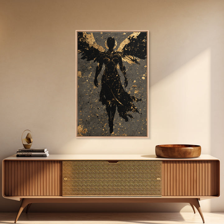 Nordic Valkyrie Canvas Gold Art Canvas Art, Norse Mythology Winged Warrior Goddess Wall Art for Man Cave Decor, framed in wood