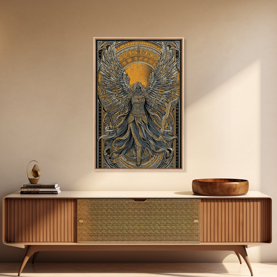 Valkyrie Ascending Canvas Gold Art Canvas Art, Norse Mythology Winged Protector Wall Decor for Dad Gift Office Art, real wood frame