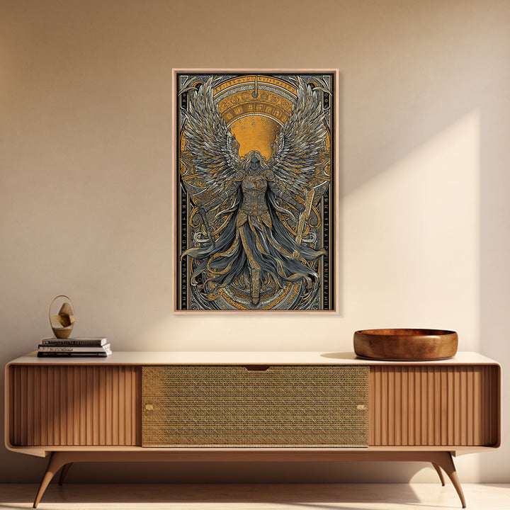Valkyrie Ascending Canvas Gold Art Canvas Art, Norse Mythology Winged Protector Wall Decor for Dad Gift Office Art, real wood frame