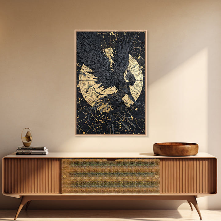 Golden Valkyrie Canvas Gold Art Canvas Art, Norse Mythology Female Warrior Wall Art for Man Cave Office Decor, in real wood frame