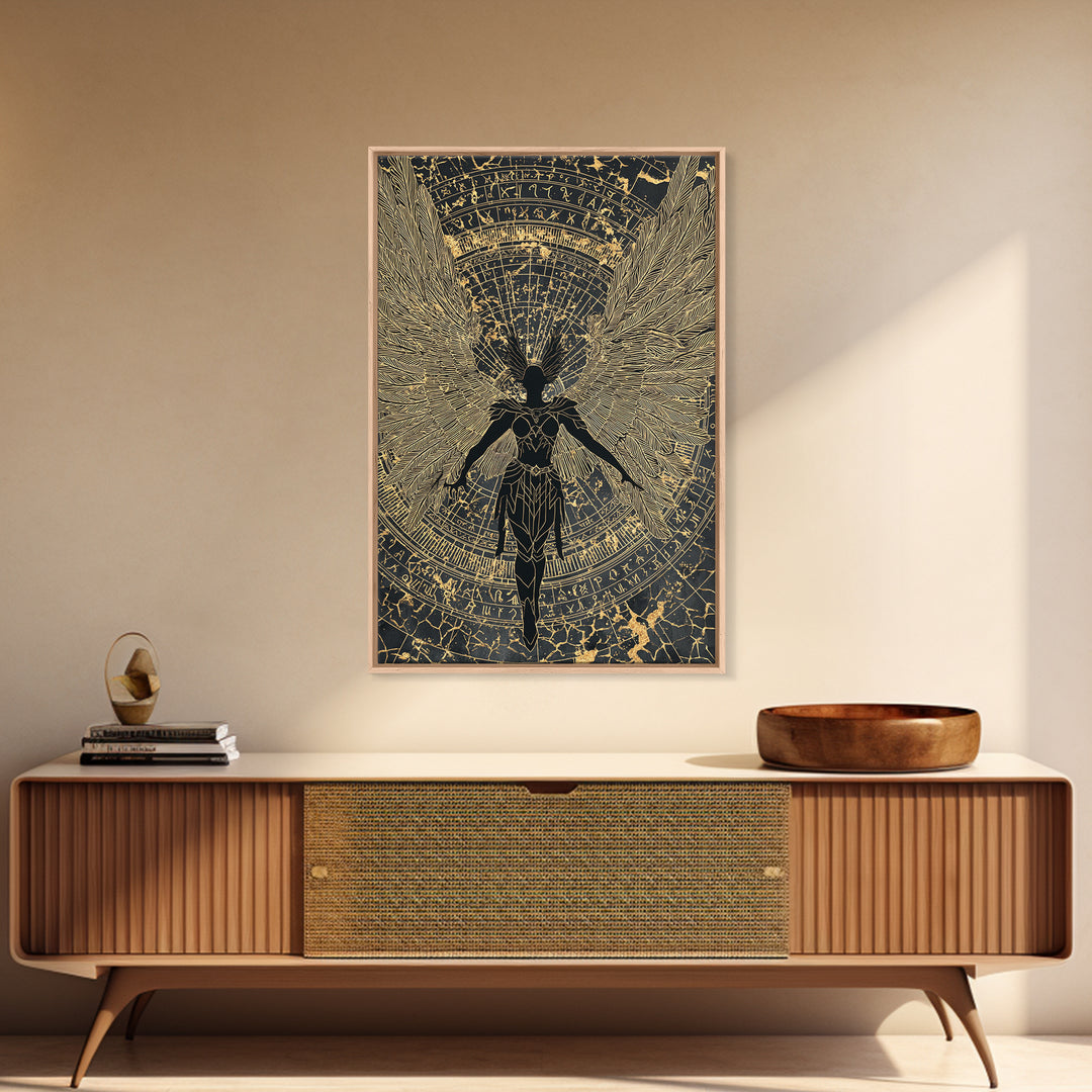 Shieldmaiden Valkyrie Canvas Gold Art Canvas Art, Norse Mythology Wall Art for Men’s Office Decor Dad Gift, framed in natural wood