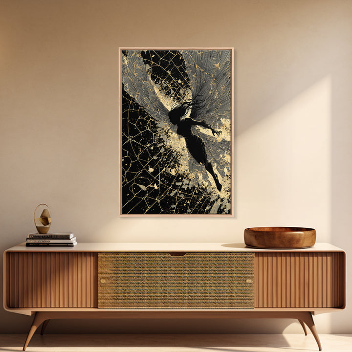 Valkyrie Warrior Canvas Gold Art Nordic Mythology Canvas Art for Office or Man Cave, framed in natural wood for bold style