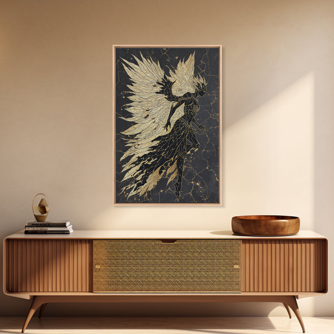 Valkyrie Warrior Canvas Gold Art Canvas Art, Norse Mythology Female Guardian Wall Art for Office Decor Dad Gift, with wood frame