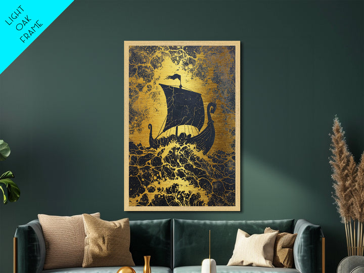 Bull Skull Nordic Totem Metallic Gold Art, Viking Metal Art with Mythology Detail, unique office decor framed in solid wood