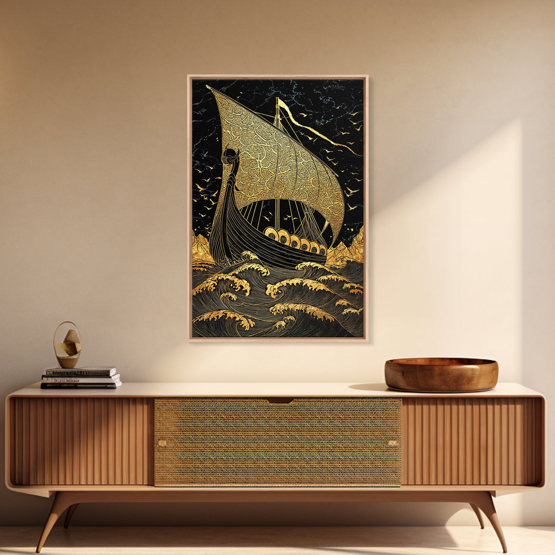Viking Horned Helmet Canvas Gold Art, Norse Mythology Canvas Art Wall Decor for Dad Gift or Office, framed with real wood finish