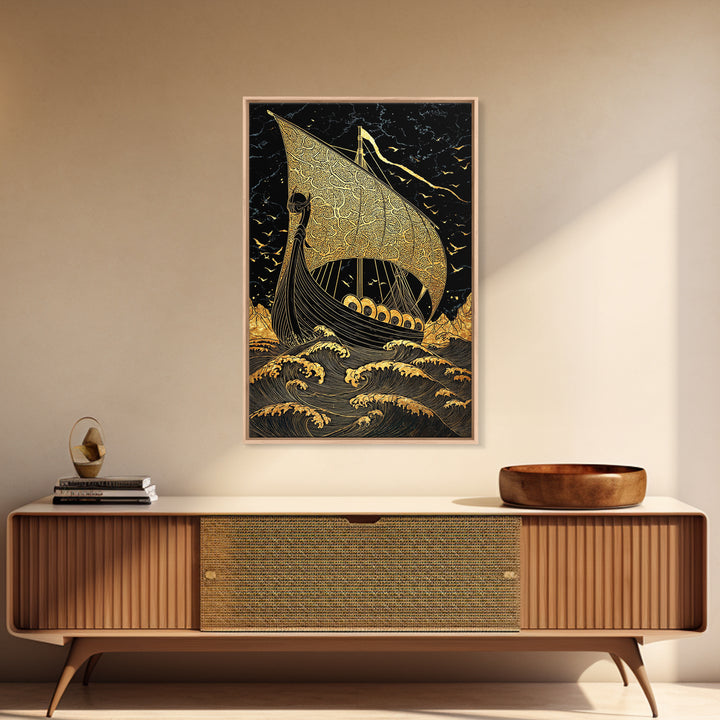Viking Horned Helmet Canvas Gold Art, Norse Mythology Canvas Art Wall Decor for Dad Gift or Office, framed with real wood finish