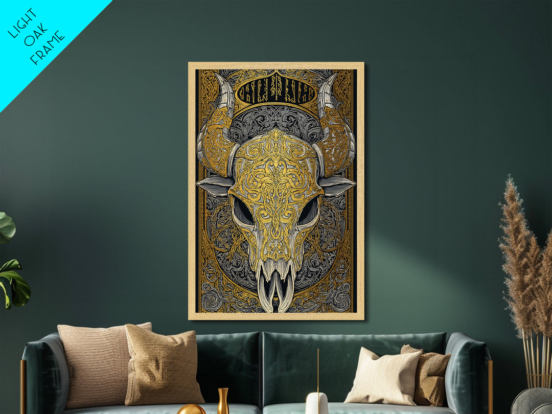 Rune Stone Metallic Gold Art, Ancient Viking Mythology Metal Art Perfect for Office or Dad Gift, framed with handcrafted wood