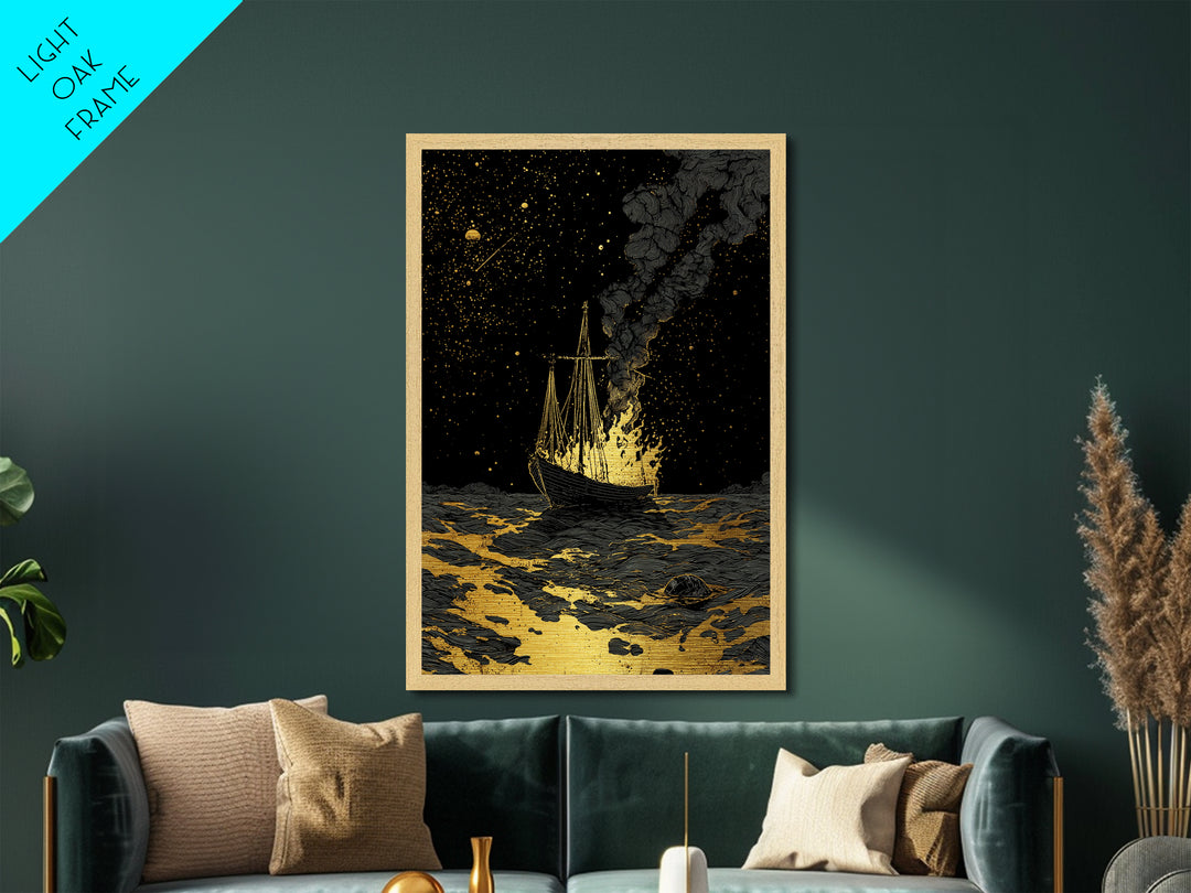 Metallic Gold Art Metal Art Viking Ship with Dragon Sail Nordic Mythology Decor Man Cave Wall Art Dad Gift with Real Wood Frame
