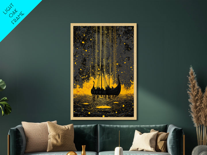Nordic Longship Ocean Voyage Metallic Gold Art Metal Art Viking Decor for Men’s Office or Den Framed in Solid Wood Handmade