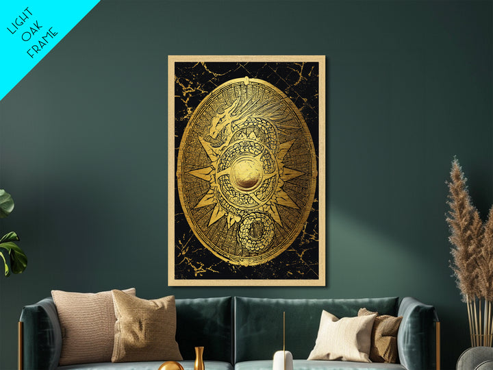 Norse Dragon Shield Metallic Gold Art, Viking Inspired Metal Art for Men’s Office or Dad Gift, crafted with real wood frame
