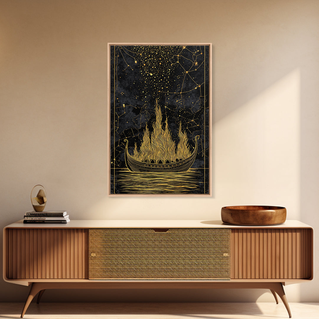 Burning Viking Funeral Ship Canvas Gold Art Canvas Art Norse Mythology Wall Art Nordic Decor Man Cave Piece with Real Wood Frame