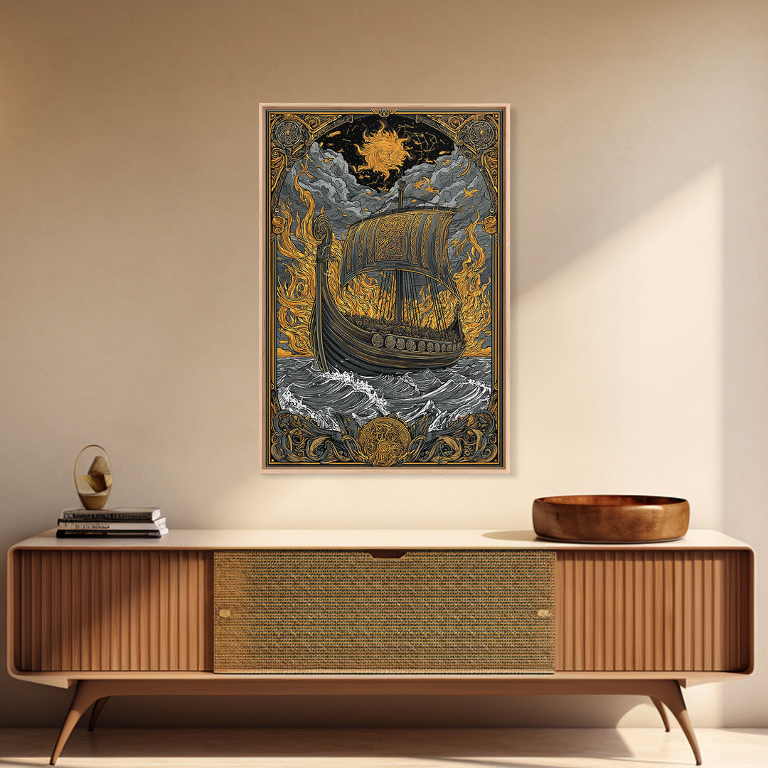 Canvas Art Canvas Gold Art Viking Ship in Flames Norse Funeral Pyre Nordic Mythology Decor Office or Man Cave Framed in Real Wood