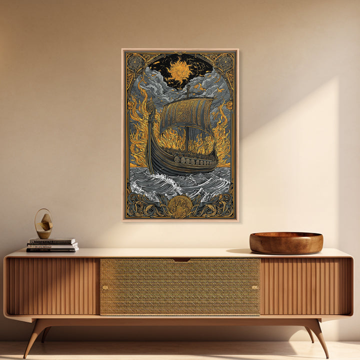 Canvas Art Canvas Gold Art Viking Ship in Flames Norse Funeral Pyre Nordic Mythology Decor Office or Man Cave Framed in Real Wood