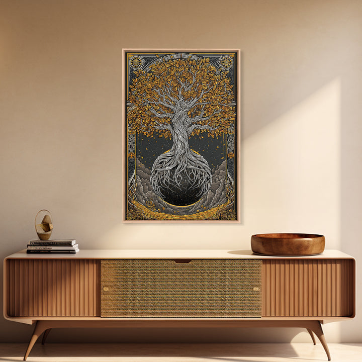 Canvas Gold Art Canvas Art Nordic World Tree Yggdrasil Norse Mythology Decor Viking Wall Art Man Cave Office Art with Real Wood Frame