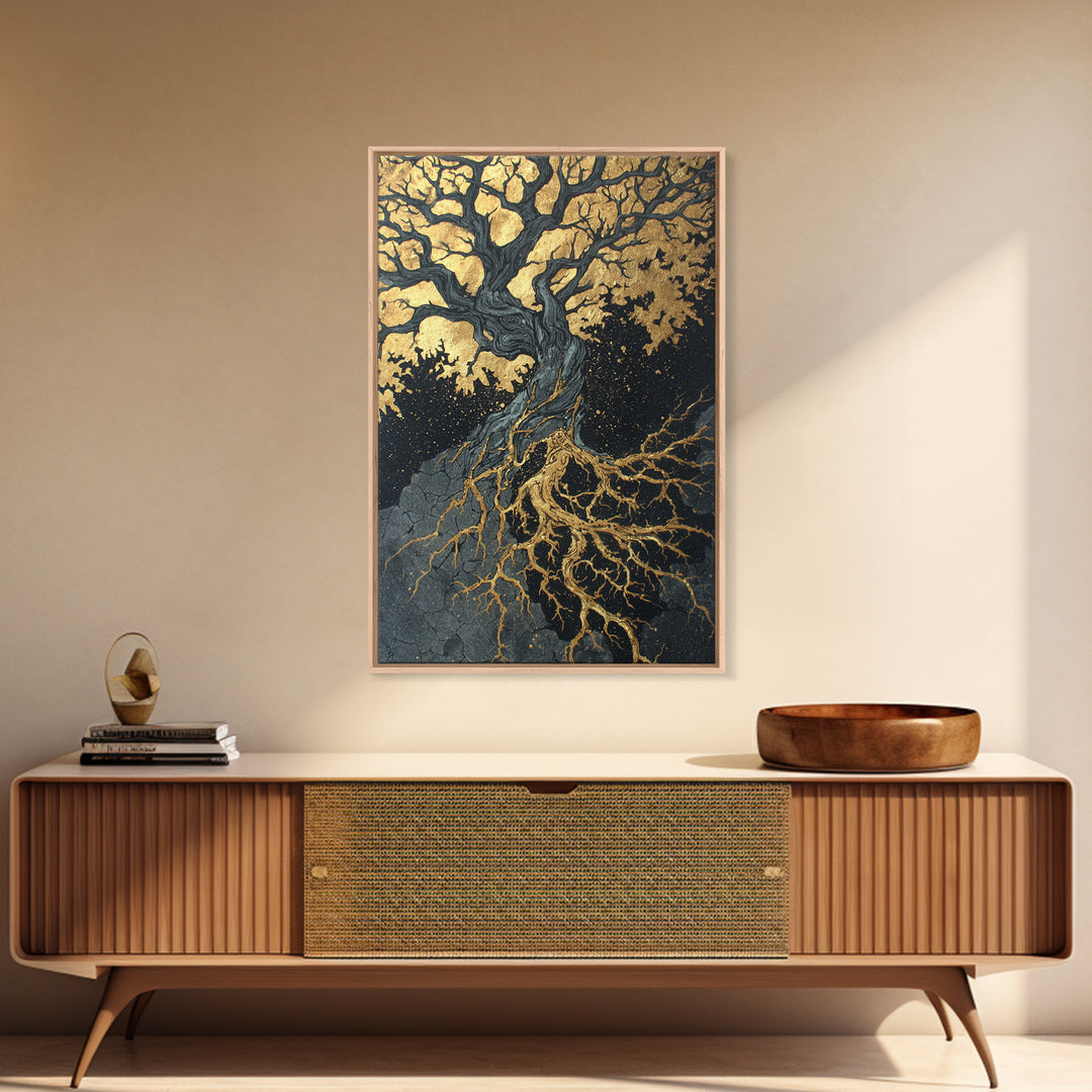 Canvas Gold Art Canvas Art Yggdrasil Tree of Life Norse Mythology Decor Viking Wall Art Nordic Office or Man Cave in Wood Frame