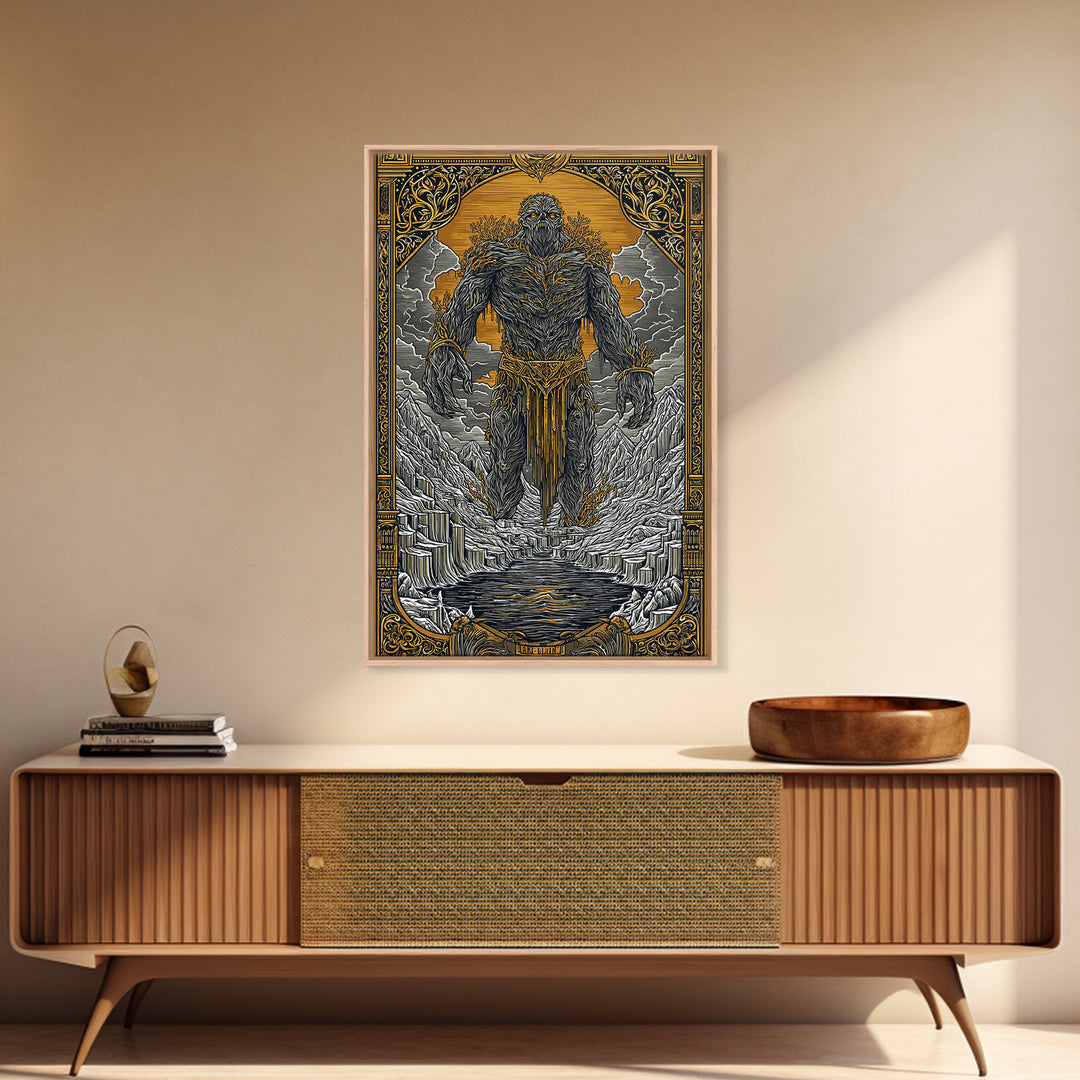 Canvas Gold Art Canvas Art of Ymir | Norse Mythology Wall Art with Natural Wood Frame | Viking Decor for Office, Study, or Man Cave