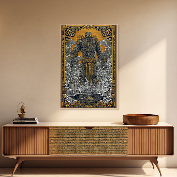 Canvas Gold Art Canvas Art of Ymir | Norse Mythology Wall Art with Natural Wood Frame | Viking Decor for Office, Study, or Man Cave