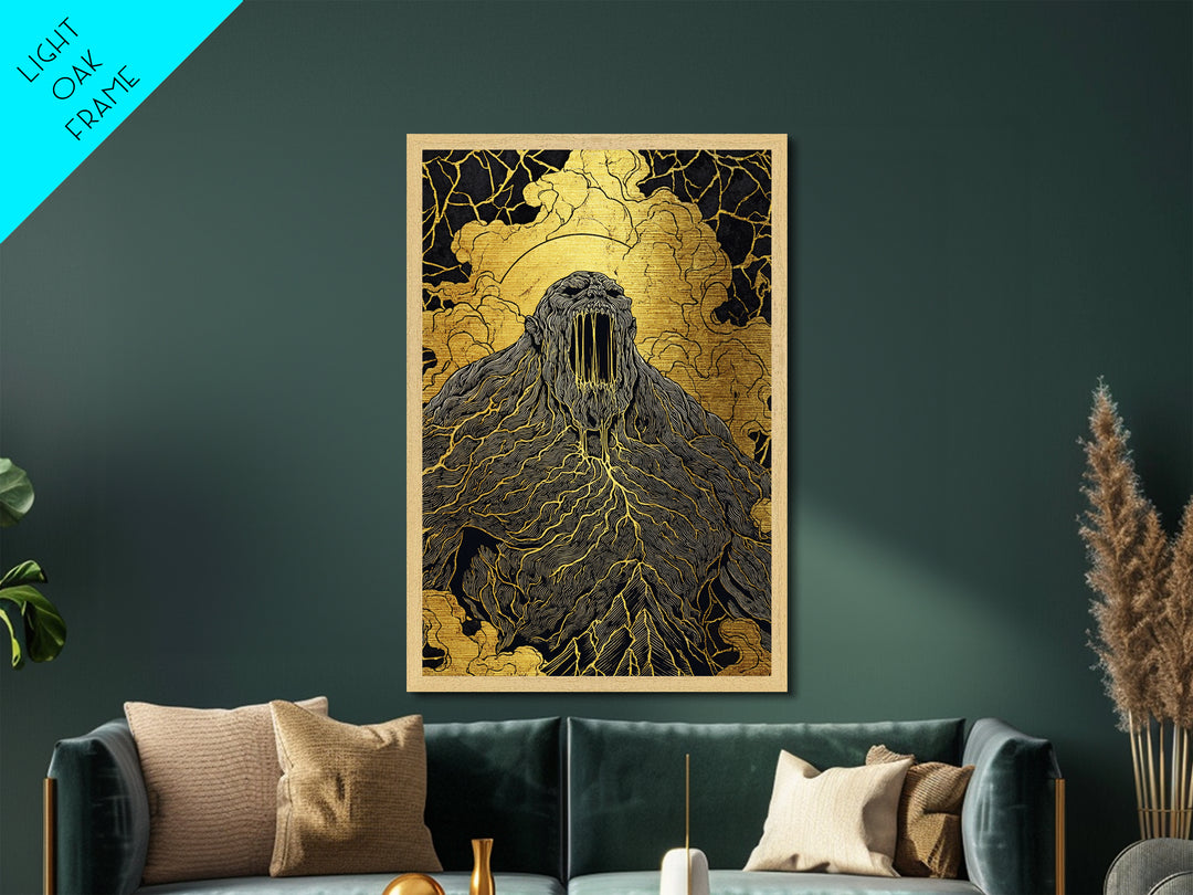 Nordic Ymir Mythology Metallic Gold Art Metal Art | Giant Norse Wall Decor in Real Wood Frame | Man Cave, Office & Dad Gift Art