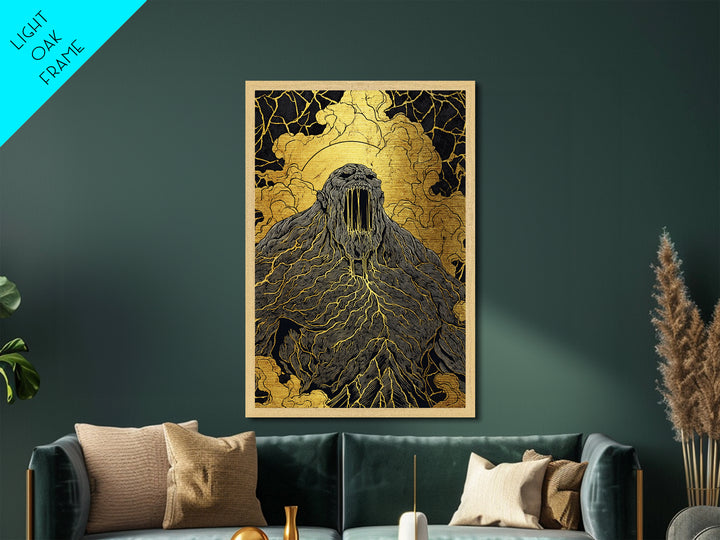Nordic Ymir Mythology Metallic Gold Art Metal Art | Giant Norse Wall Decor in Real Wood Frame | Man Cave, Office & Dad Gift Art