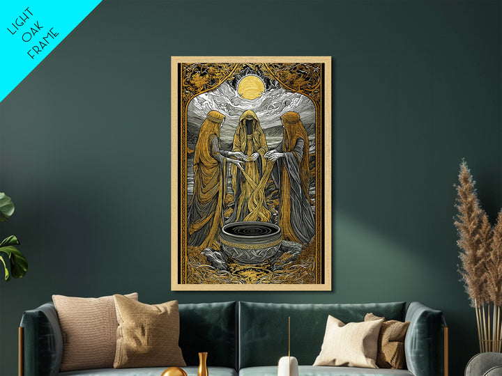 Norns Weaving Fate Metallic Gold Art, Norse Mythology Metal Art of Urd, Verdandi, Skuld, Viking Wall Art framed in real wood