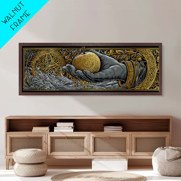 Golden Apple of Idunn Metallic Gold Art, Norse Mythology Metal Art for Office or Man Cave, framed in natural wood, Viking Dad Gift